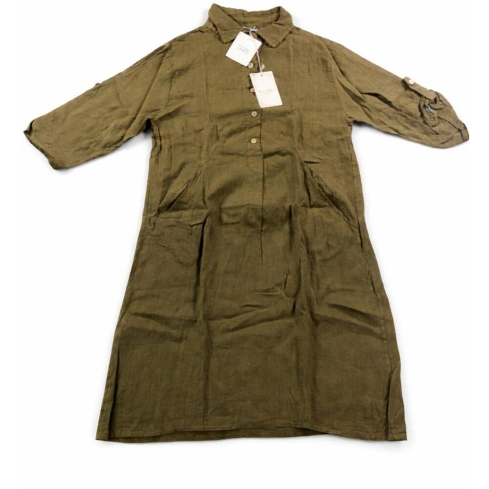 Elena Baldi Womens Medium Italian linen shift dress army Green olive tab sleeve